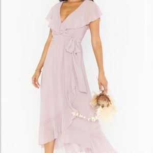 Show Me Your Mumu - Jess Ruffle Midi Dress Neutral Mauve Chiffon, Size M